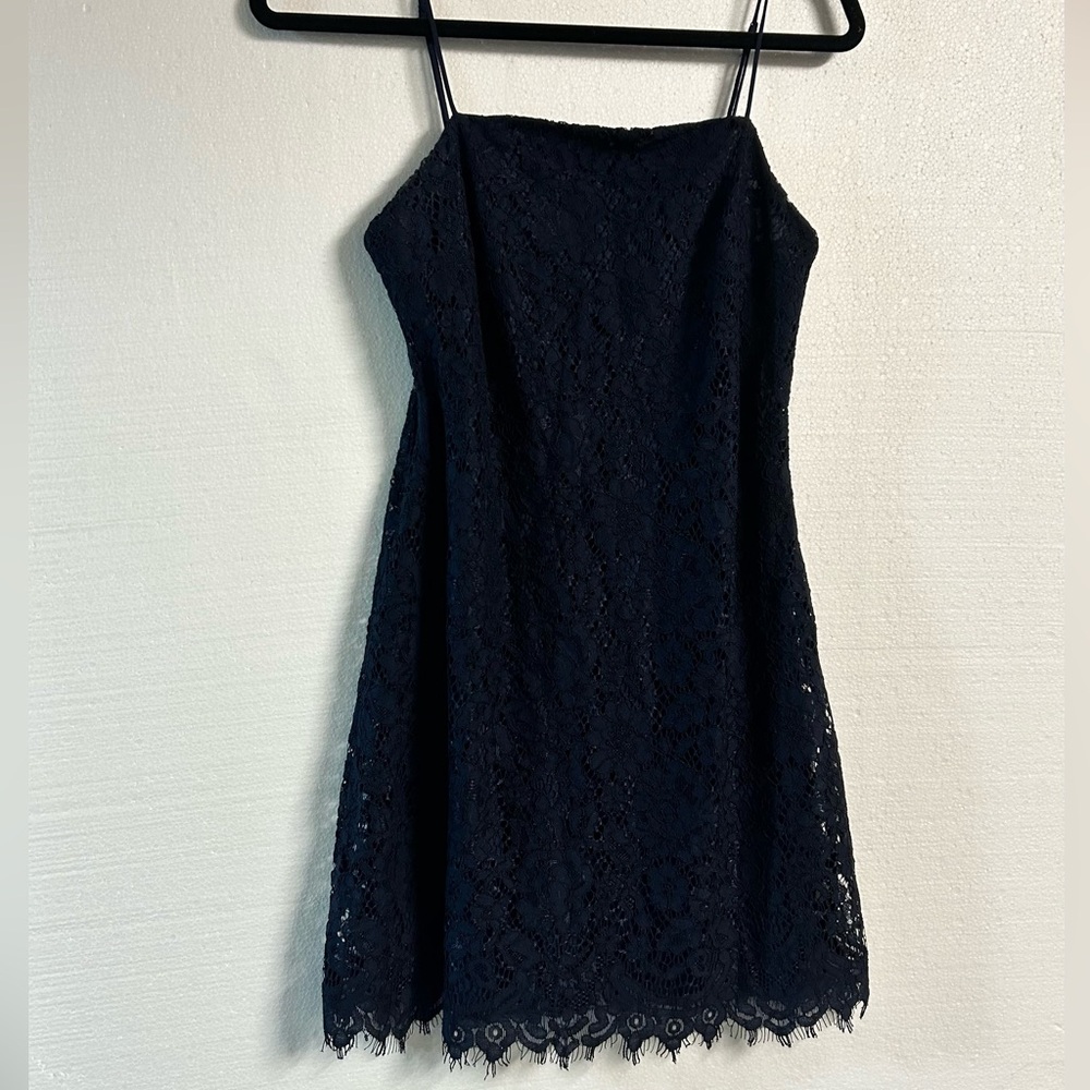 Blue rain lace mini dress spaghetti straps navy blue straight neck line small